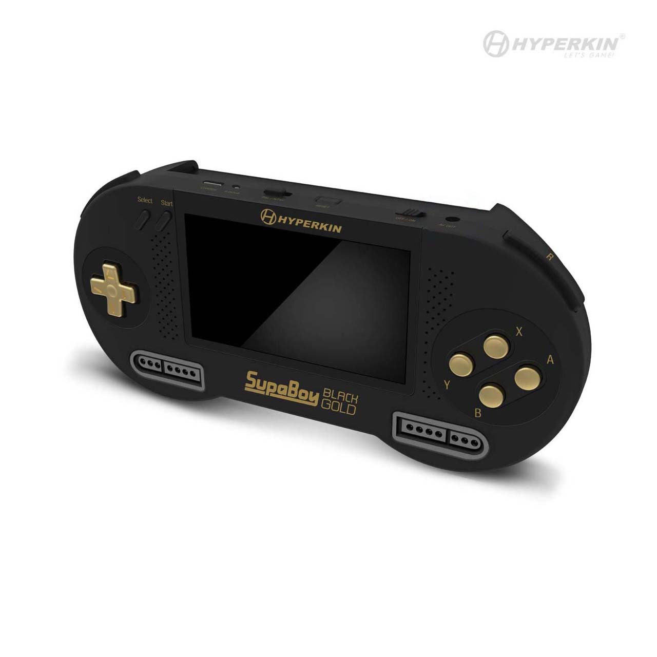 SupaBoy Black Gold handheld gaming console by Hyperkin. The device is black with gold accents, featuring a gold directional pad, gold action buttons labeled X, Y, B, and A, a central screen with "Hyperkin" branding above it, and two controller ports below. "SupaBoy Black Gold" is printed in gold beneath the screen.