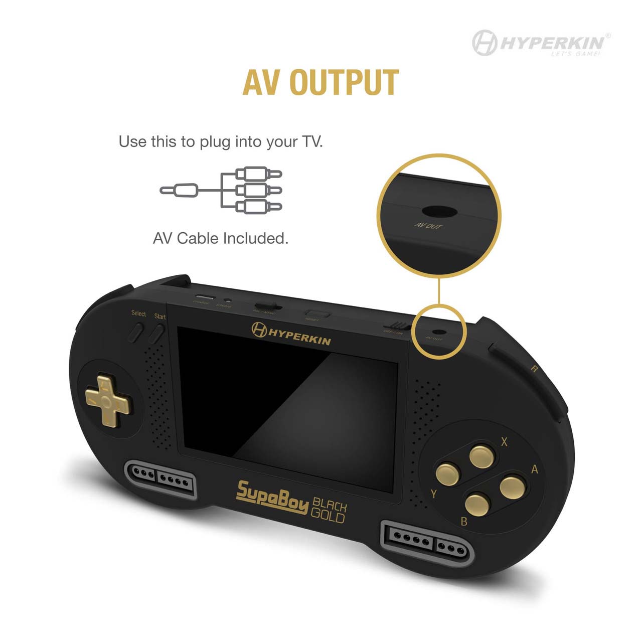 yperkin SupaBoy Black Gold handheld gaming console with AV output feature, shown with AV cable illustration and close-up of AV port. Includes screen, D-pad, action buttons, and branding.