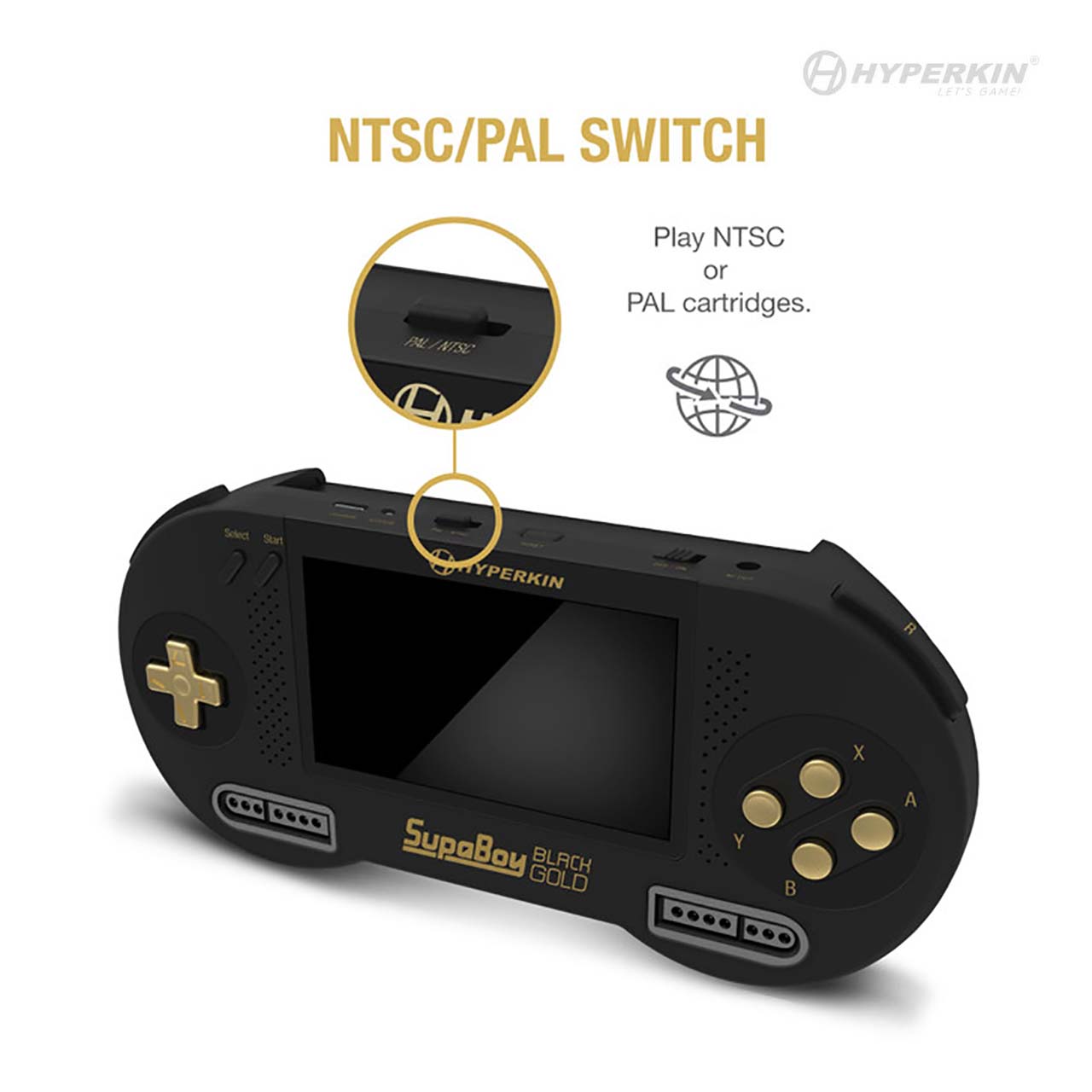 Hyperkin SupaBoy Black Gold handheld gaming console with NTSC/PAL switch, featuring A/B/X/Y buttons, directional pad, and start/select buttons. Compatible with NTSC and PAL cartridges.