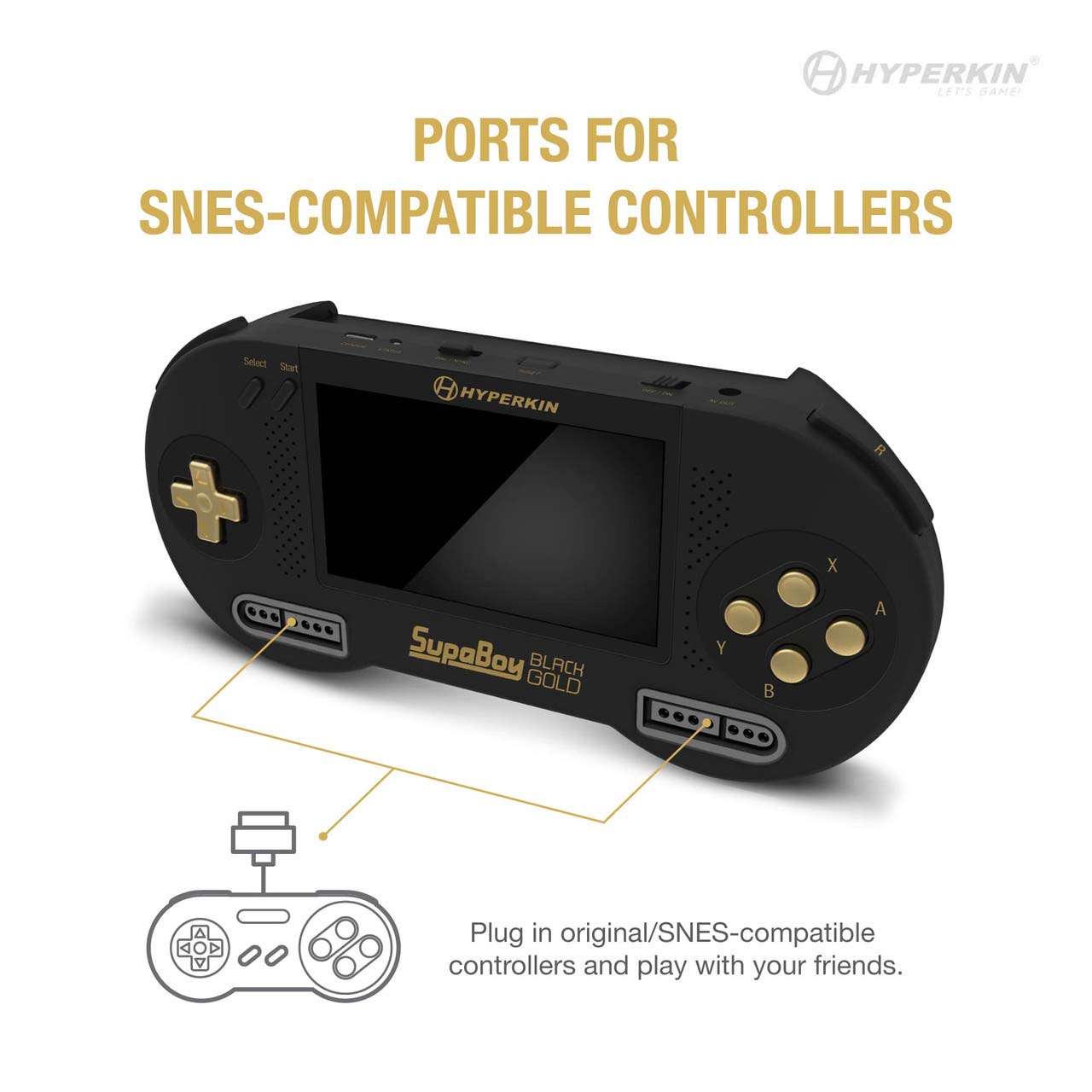 Hyperkin SupaBoy Black Gold handheld gaming console with SNES-compatible controller ports, featuring black and gold design, D-pad, X/Y/B/A buttons, and central screen.