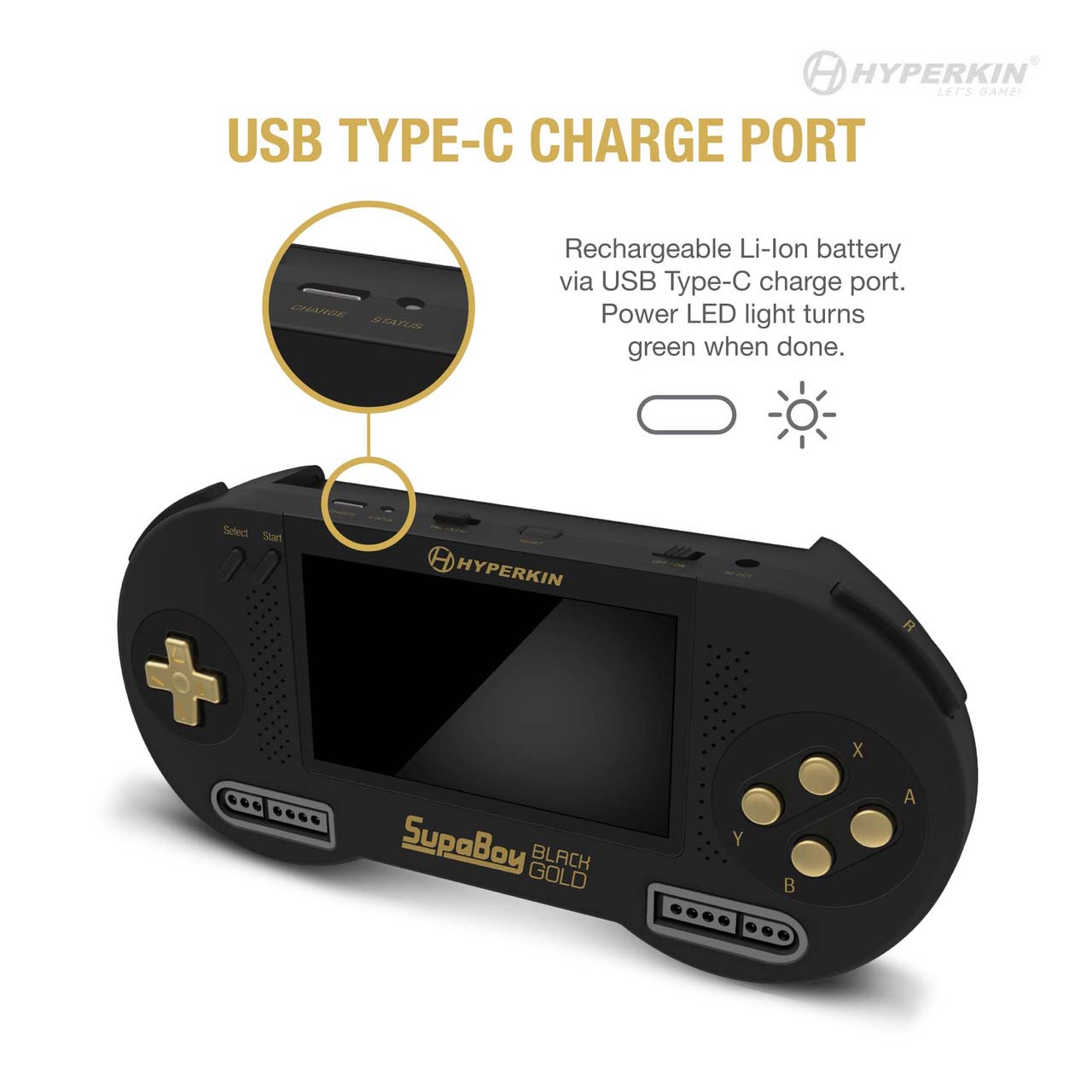 Hyperkin SupaBoy Black Gold handheld gaming console featuring USB Type-C charge port for rechargeable Li-Ion battery, with power LED indicator.