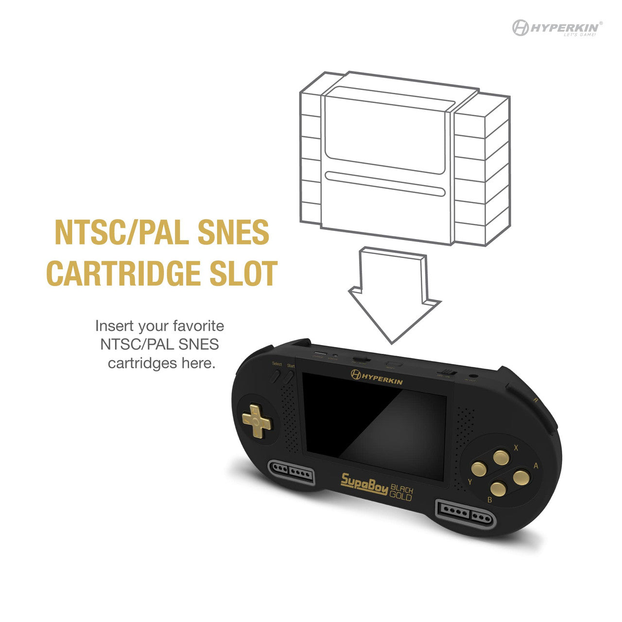 Hyperkin SupaBoy Black Gold handheld gaming console with NTSC/PAL SNES cartridge slot, featuring central screen, side buttons, and branding. Illustration shows cartridge insertion point.
