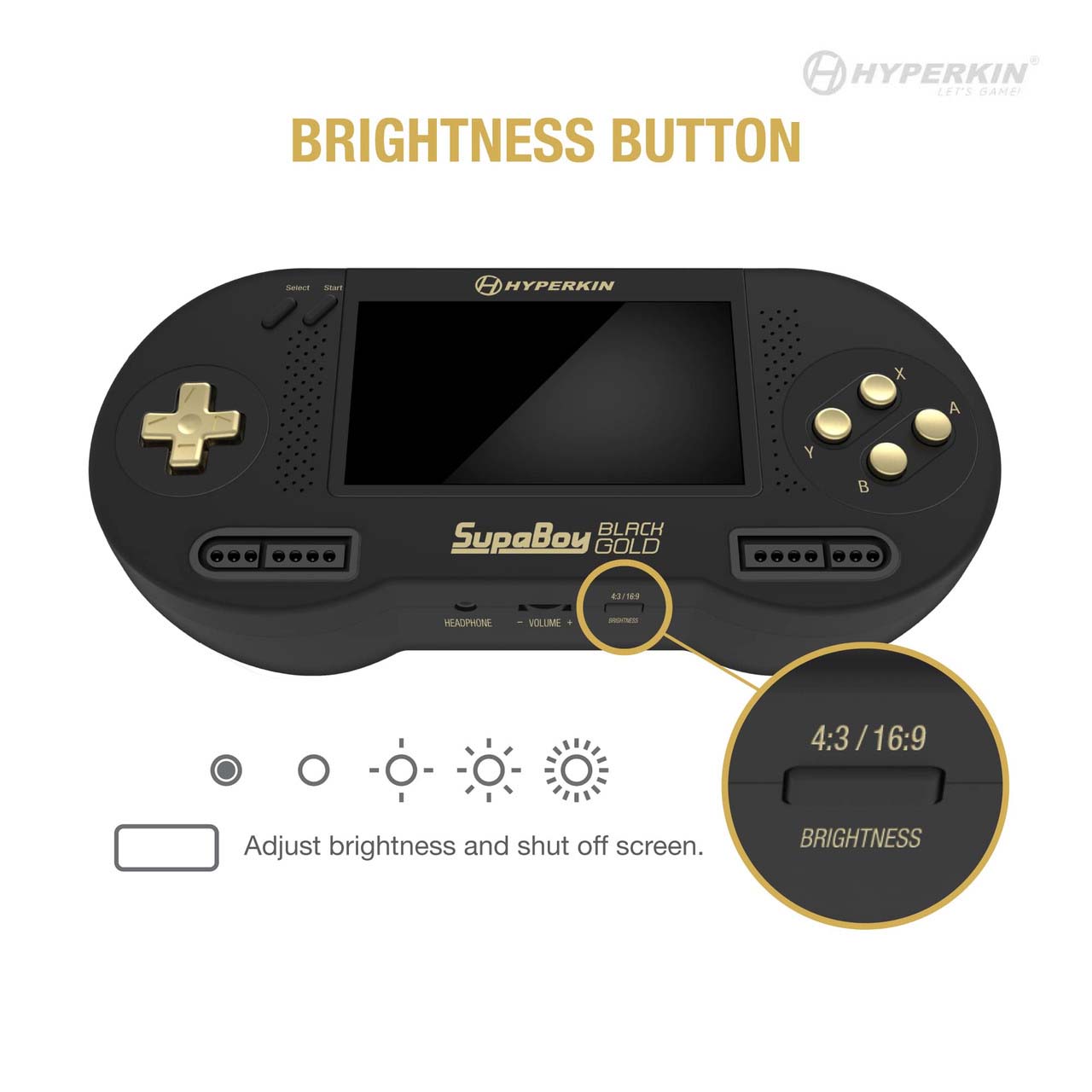 Hyperkin SupaBoy Black Gold handheld gaming console with screen, X/Y/B/A buttons, controller ports, and brightness button for adjusting screen and aspect ratio (4:3/16:9).