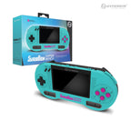 Turquoise SupaBoy Hyper Beach handheld console with pink buttons, shown alongside its packaging labeled "Portable Pocket Console."
