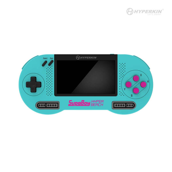 A blue and black Hyperkin SupaBoy handheld gaming console with a visible screen and control buttons.