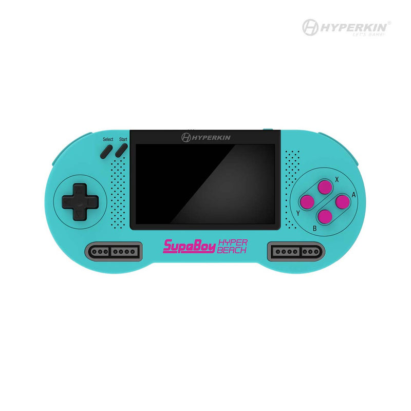 A blue and black Hyperkin SupaBoy handheld gaming console with a visible screen and control buttons.