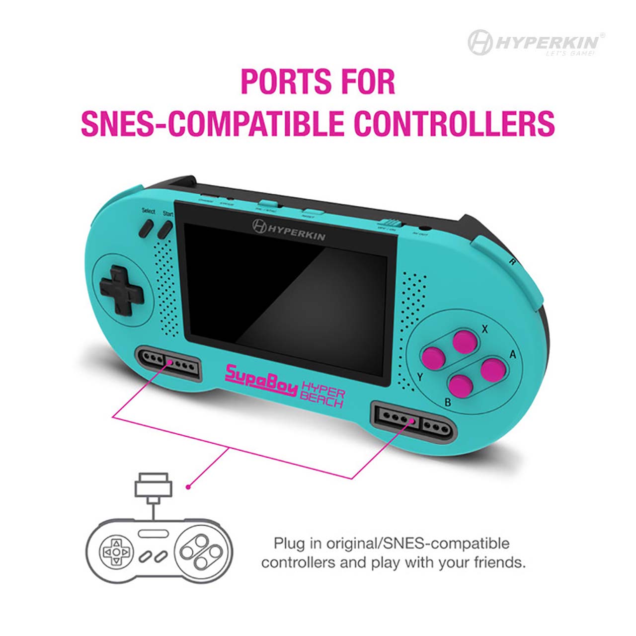 A blue and black Hyperkin SupaBoy handheld gaming console with a visible screen and control buttons.