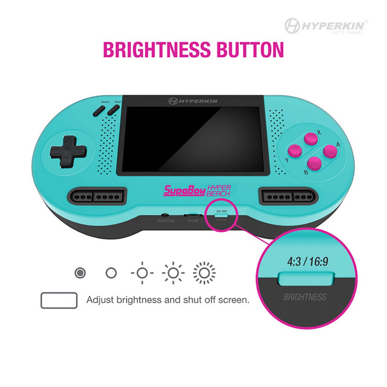 Turquoise SupaBoy Hyper Beach handheld console with screen, control buttons, and a brightness adjustment feature highlighted.