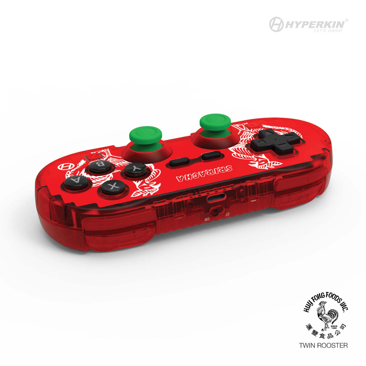 Red Hyperkin game controller with green joysticks and black buttons, designed with a Sriracha hot sauce theme featuring transparent casing, white patterns, and central Sriracha logo. Includes Hyperkin branding and Huy Fong Foods Twin Rooster logo.