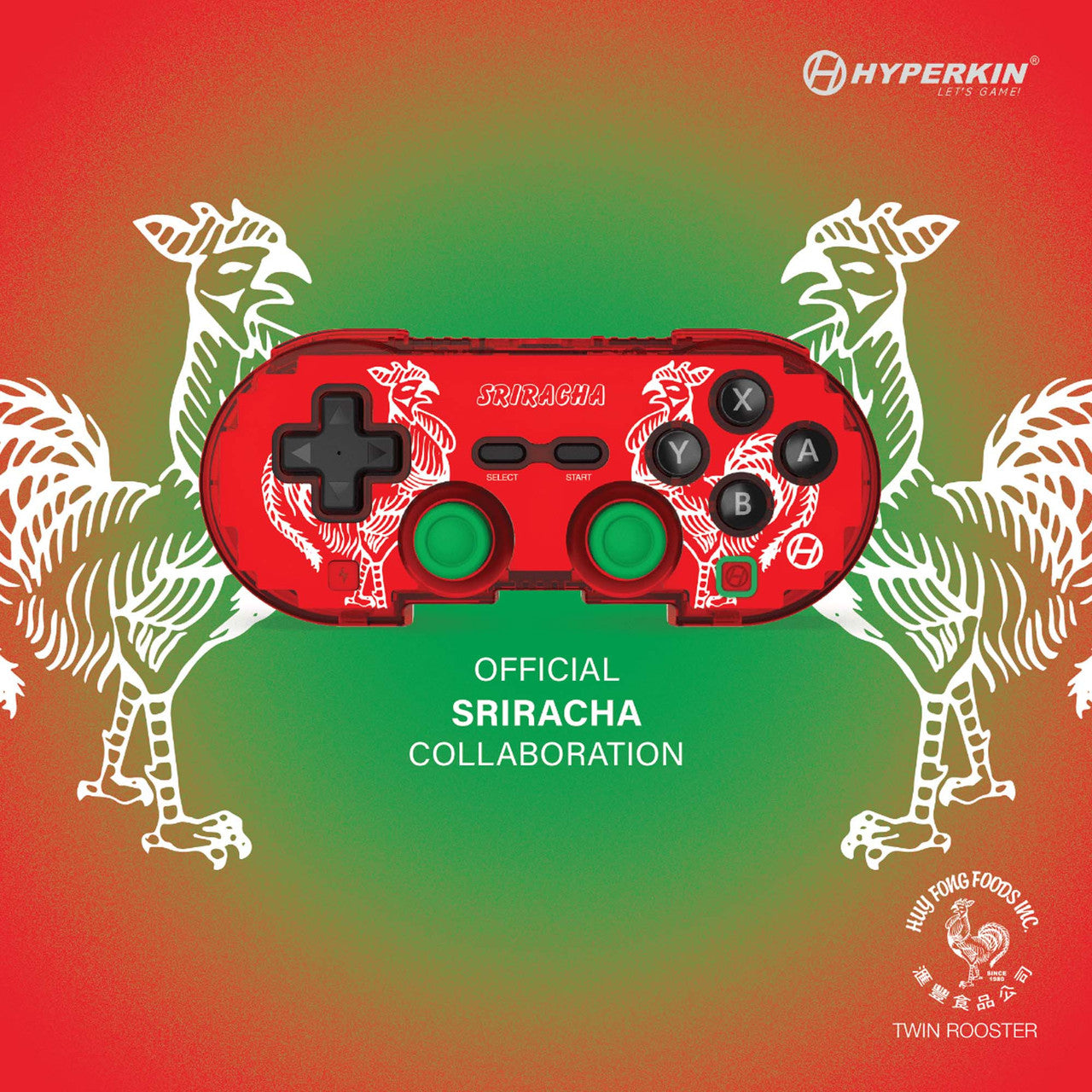 Hyperkin Official Sriracha Collaboration game controller with red casing, green thumbsticks, white rooster graphics, and 'Sriracha' branding at center. Background features red-green gradient with large rooster illustrations and text highlighting partnership with Huy Fong Foods Inc. Twin Rooster. Hyperkin logo in top corner.