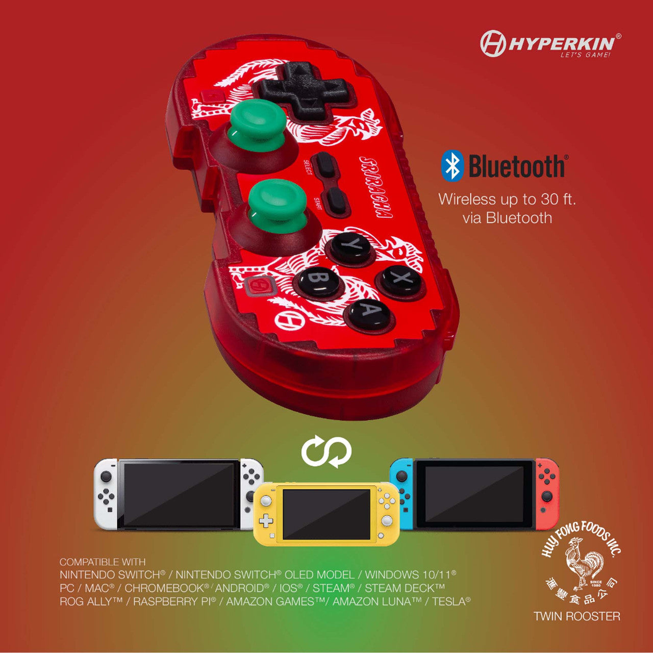 Red Hyperkin Bluetooth wireless controller with green buttons and dragon graphics, compatible with Nintendo Switch, Windows, Mac, Chromebook, Android, iOS, Steam Deck, ROG Ally, Raspberry Pi, Amazon Games, Amazon Luna, and Tesla. Features 30 ft Bluetooth range and includes branding from Hyperkin and Huy Fong Foods Twin Rooster.