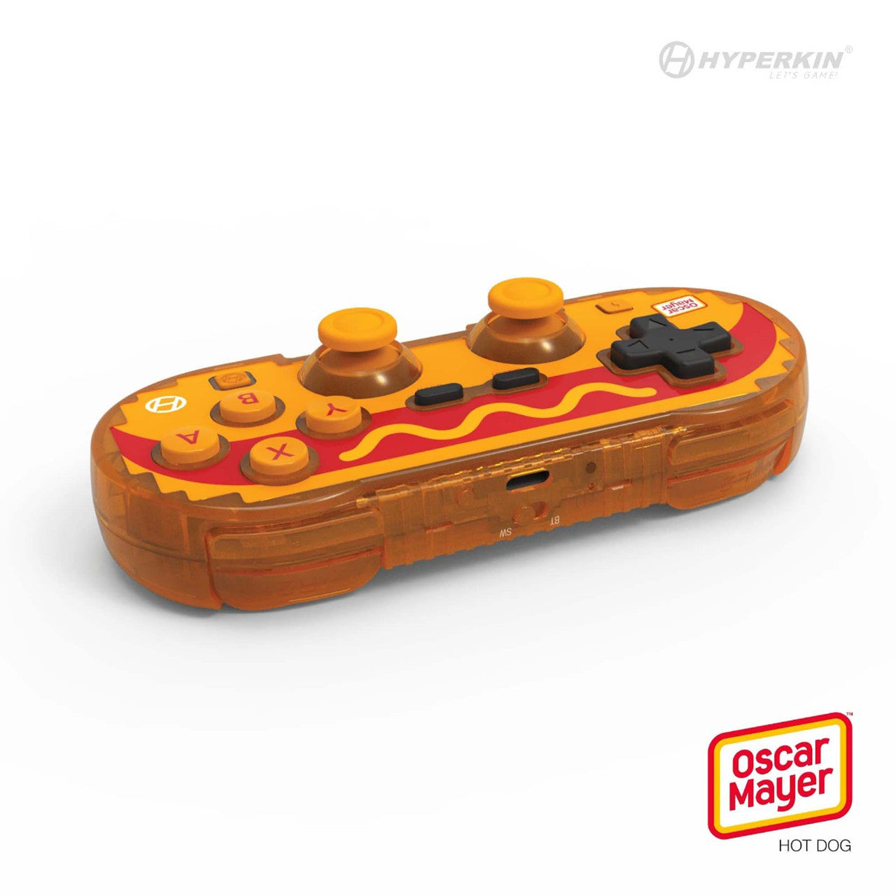 Hyperkin Oscar Mayer hot dog-themed gaming controller with transparent orange casing, yellow and red design, dual analog sticks, D-pad, and A/B/X/Y buttons.