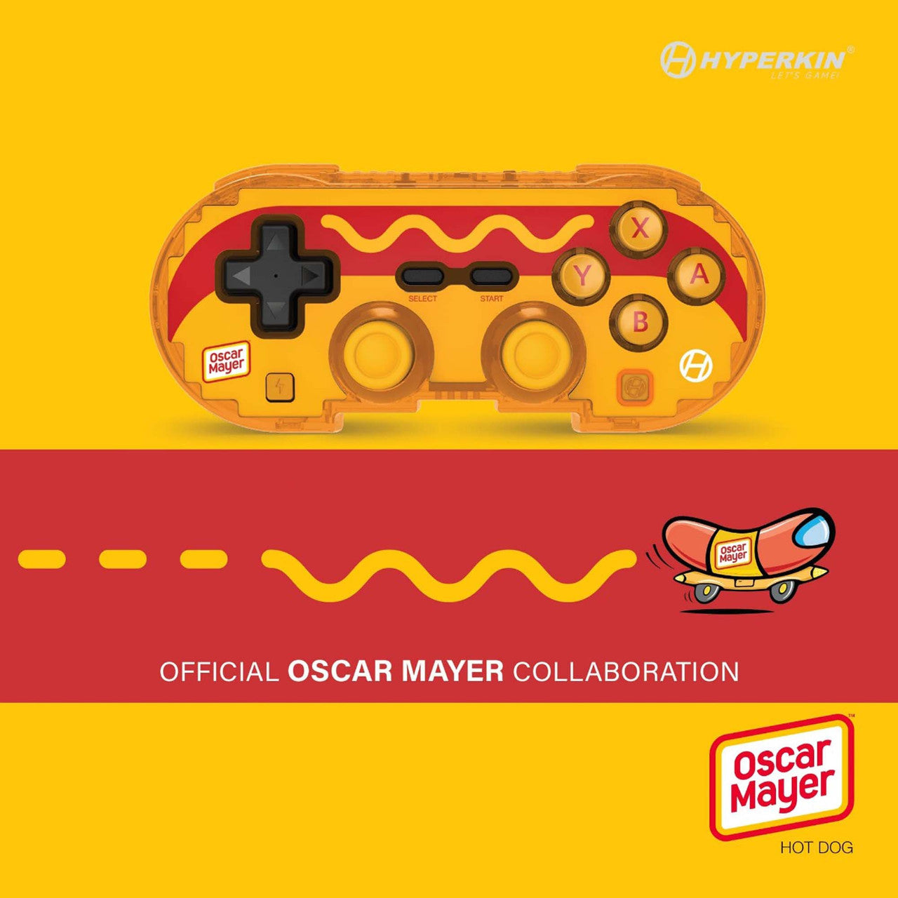 Hyperkin x Oscar Mayer hot dog-themed game controller with mustard squiggle design, Oscar Mayer logo, and yellow background featuring hot dog car illustration.