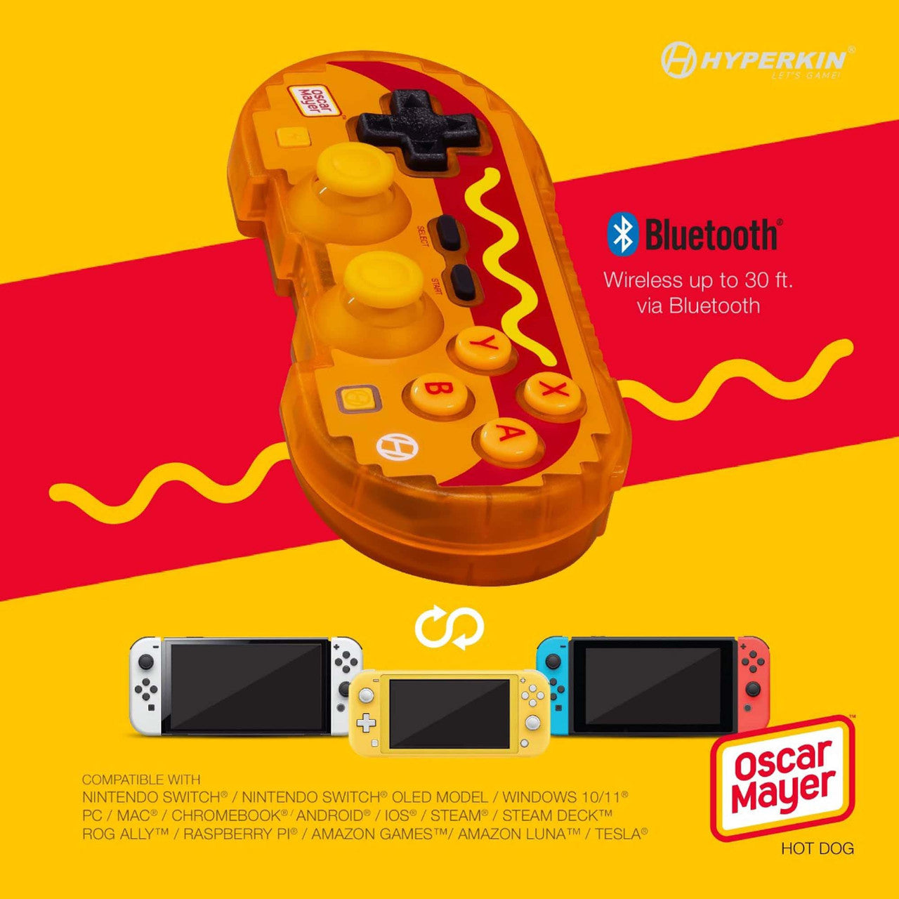 Hyperkin Oscar Mayer Hot Dog Bluetooth controller with retro yellow and red buttons, compatible with Switch, PC, Mac, Android, iOS, Steam Deck, and more.