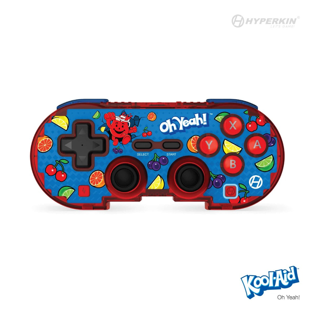 A game controller skin with a pixel art design featuring fruit characters on a blue background.