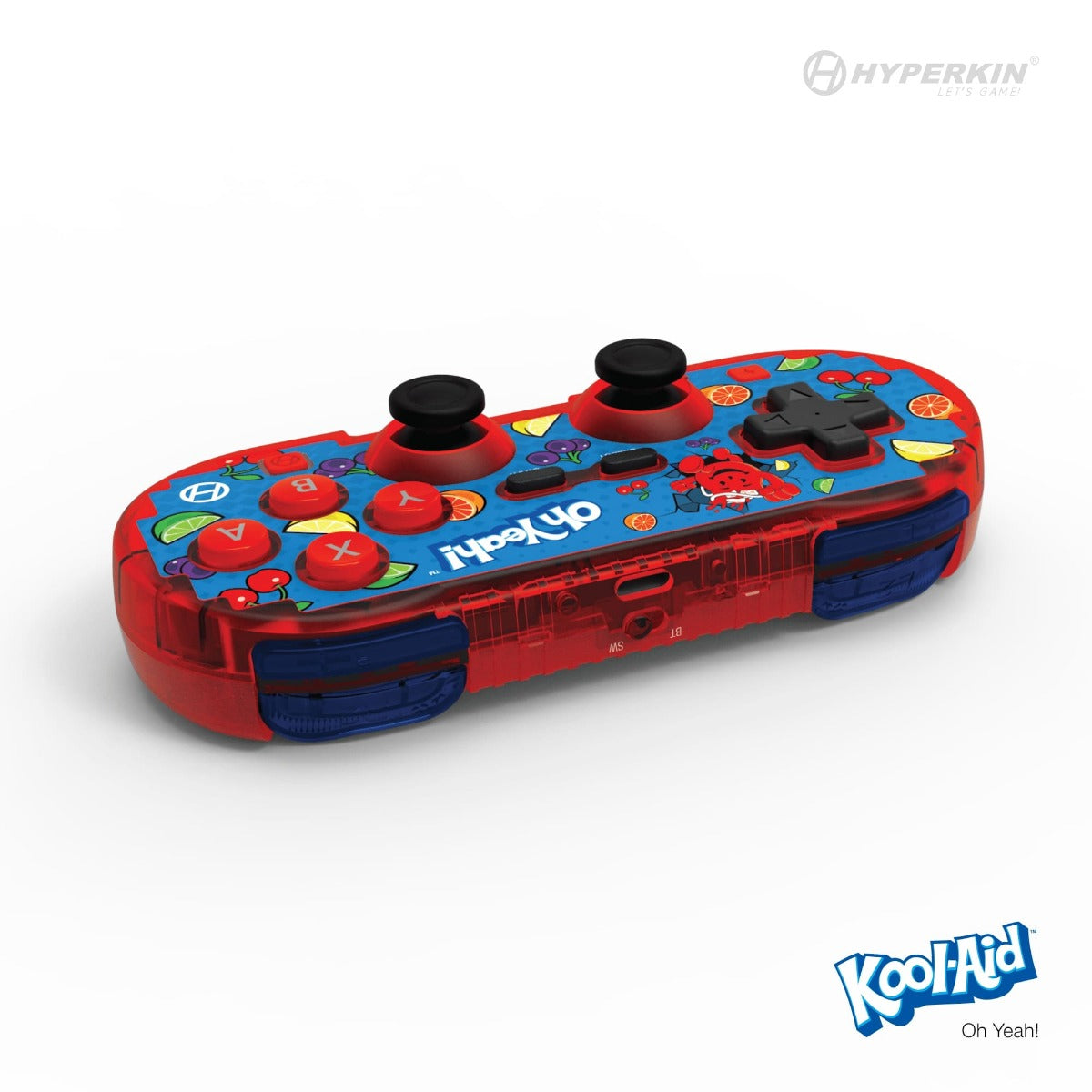 Hyperkin Kool-Aid-themed gaming controller with vibrant fruit graphics, Kool-Aid Man illustration, black analog sticks, D-pad, and labeled buttons. Blue background with red accents and Kool-Aid logo.