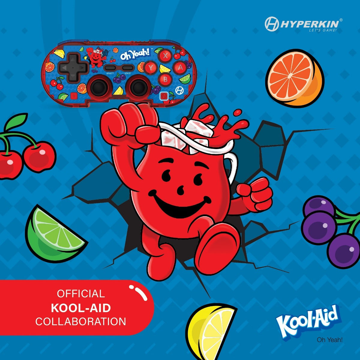 Hyperkin x Kool-Aid collaboration game controller featuring Kool-Aid Man breaking through a wall, surrounded by fruit graphics and 'Kool-Aid Oh Yeah!' branding.