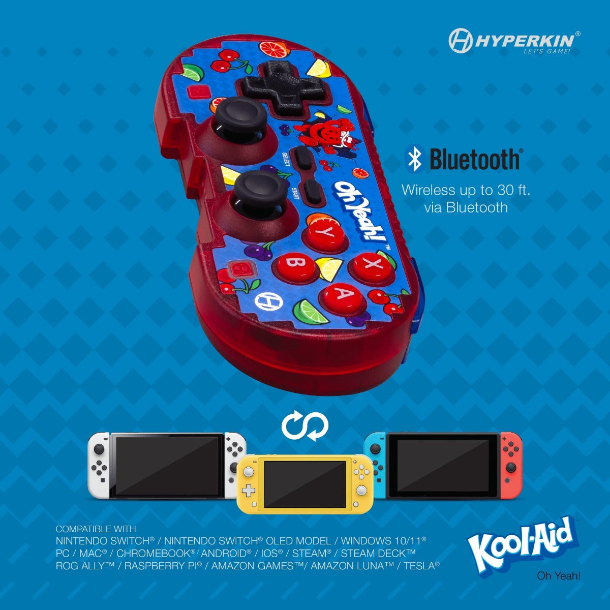 Hyperkin Bluetooth wireless controller with vibrant Kool-Aid design, compatible with Nintendo Switch, PC, Mac, Android, iOS, Steam Deck, and more. Features 30 ft Bluetooth range and Kool-Aid 'Oh Yeah!