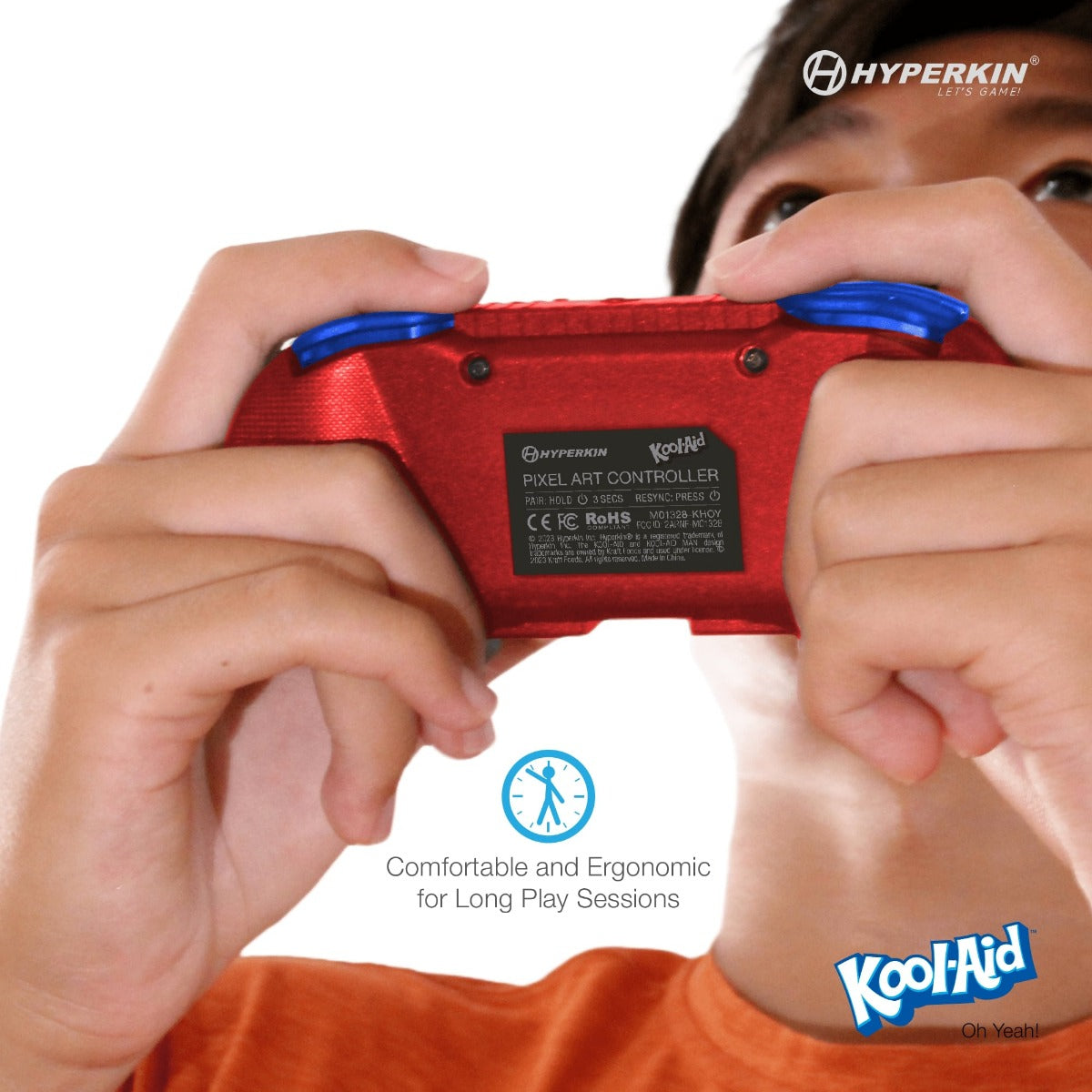 Person holding red Hyperkin Pixel Art Bluetooth controller with blue buttons, featuring Kool-Aid branding and ergonomic design for long gaming sessions.