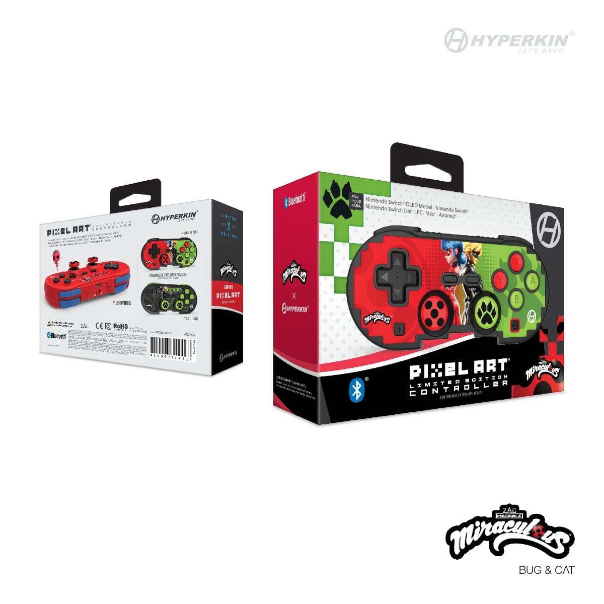 Packaging of Hyperkin Pixel Art Limited Edition Controller for Nintendo Switch, PC, Mac, and Android; features red and green controller with Miraculous Ladybug and Cat Noir design, plus product details and alternate color variants on back.