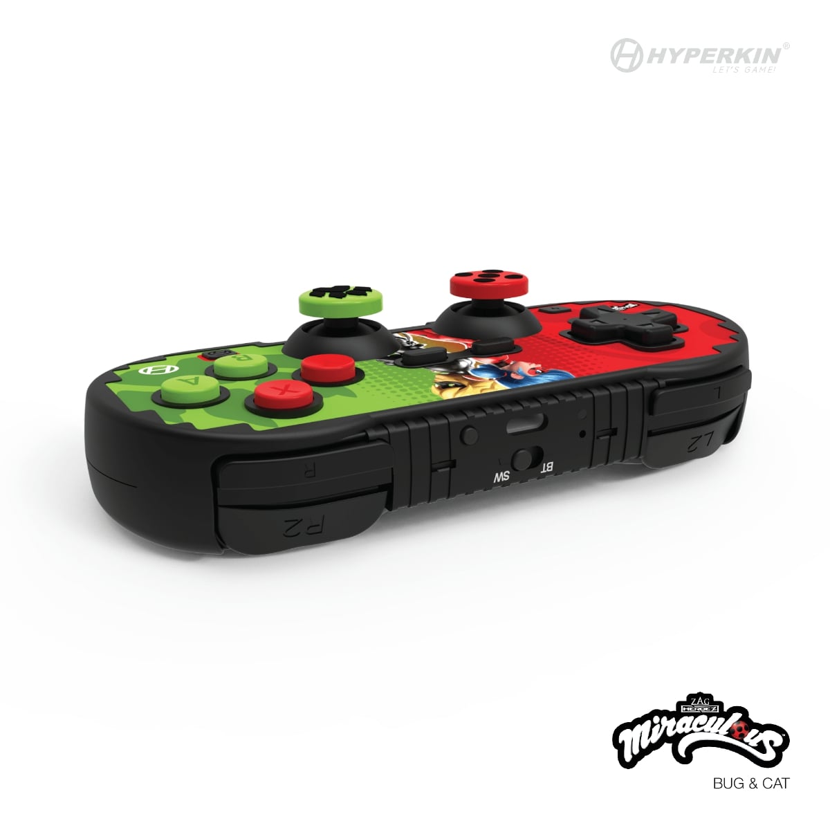 Hyperkin gaming controller themed with Miraculous Ladybug and Cat Noir graphics, featuring green and red color scheme, multiple buttons, and branded logos for character-based retro gaming.