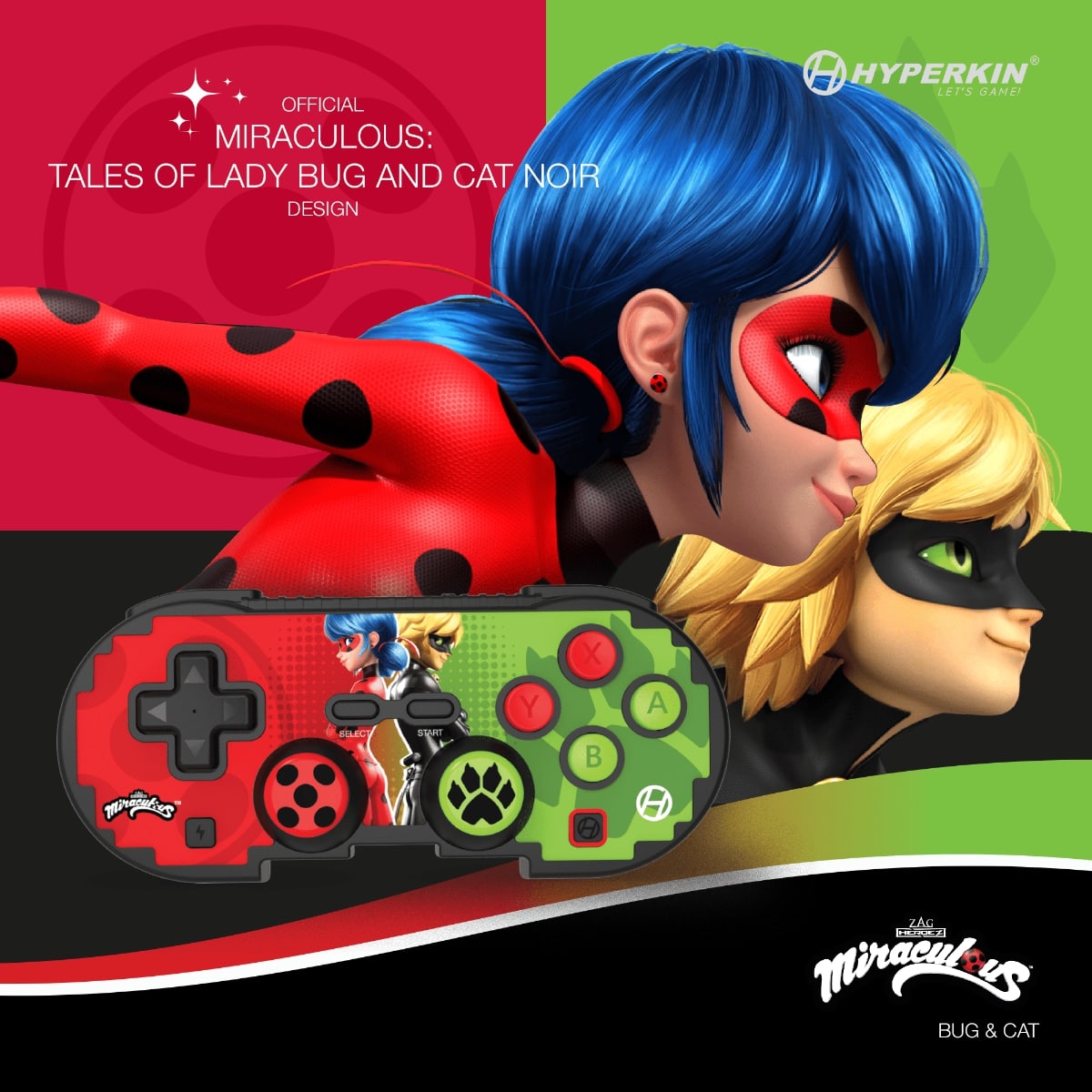 Promotional graphic of Hyperkin game controller with official Miraculous: Tales of Ladybug and Cat Noir design; features themed buttons in red, green, and black, character artwork of Ladybug and Cat Noir, and branding logos.