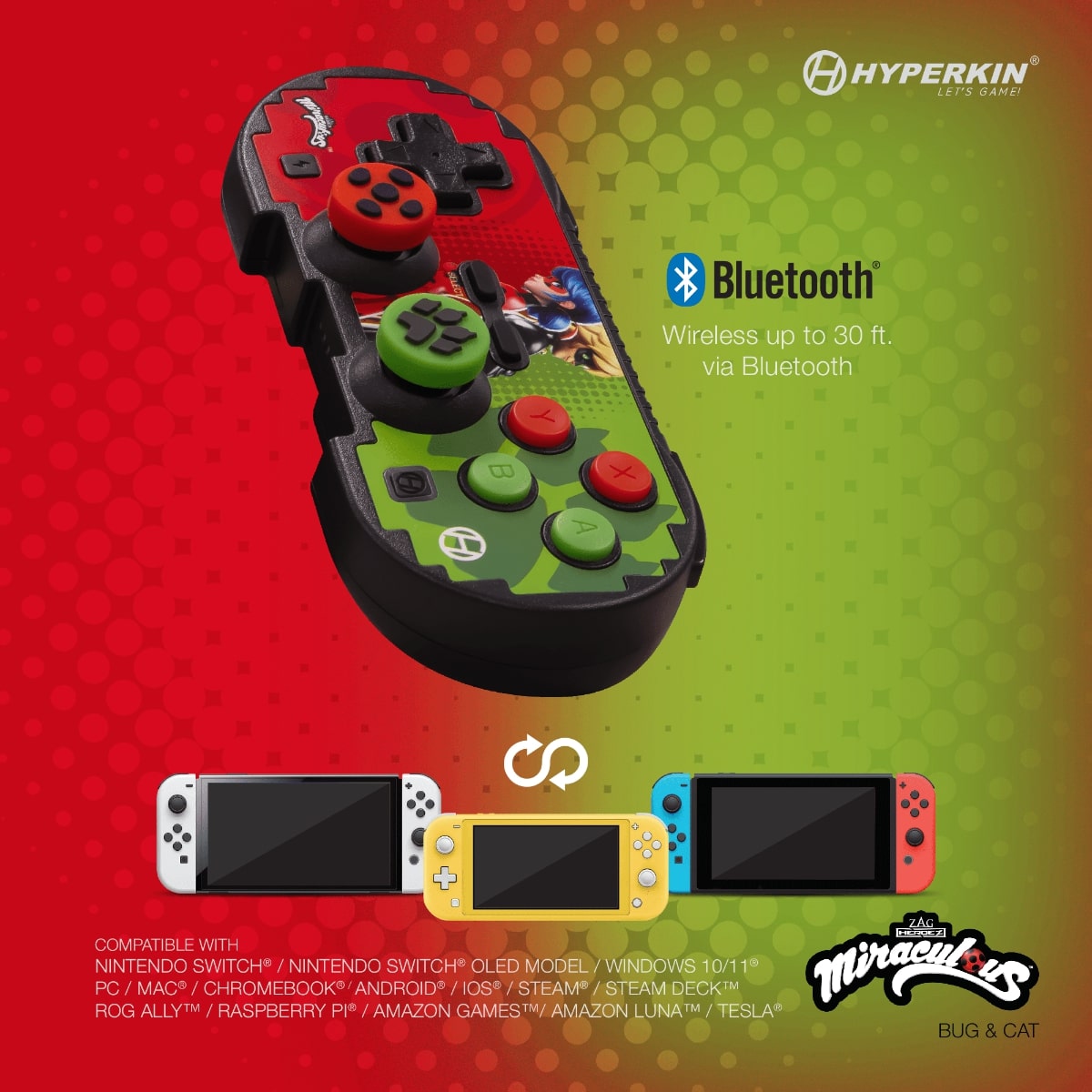 Hyperkin wireless Bluetooth controller with Miraculous Bug & Cat design, featuring red and green buttons; compatible with Nintendo Switch, PC, Mac, Android, iOS, Steam Deck, ROG Ally, Raspberry Pi, Amazon Luna, and Tesla; supports wireless play up to 30 ft.