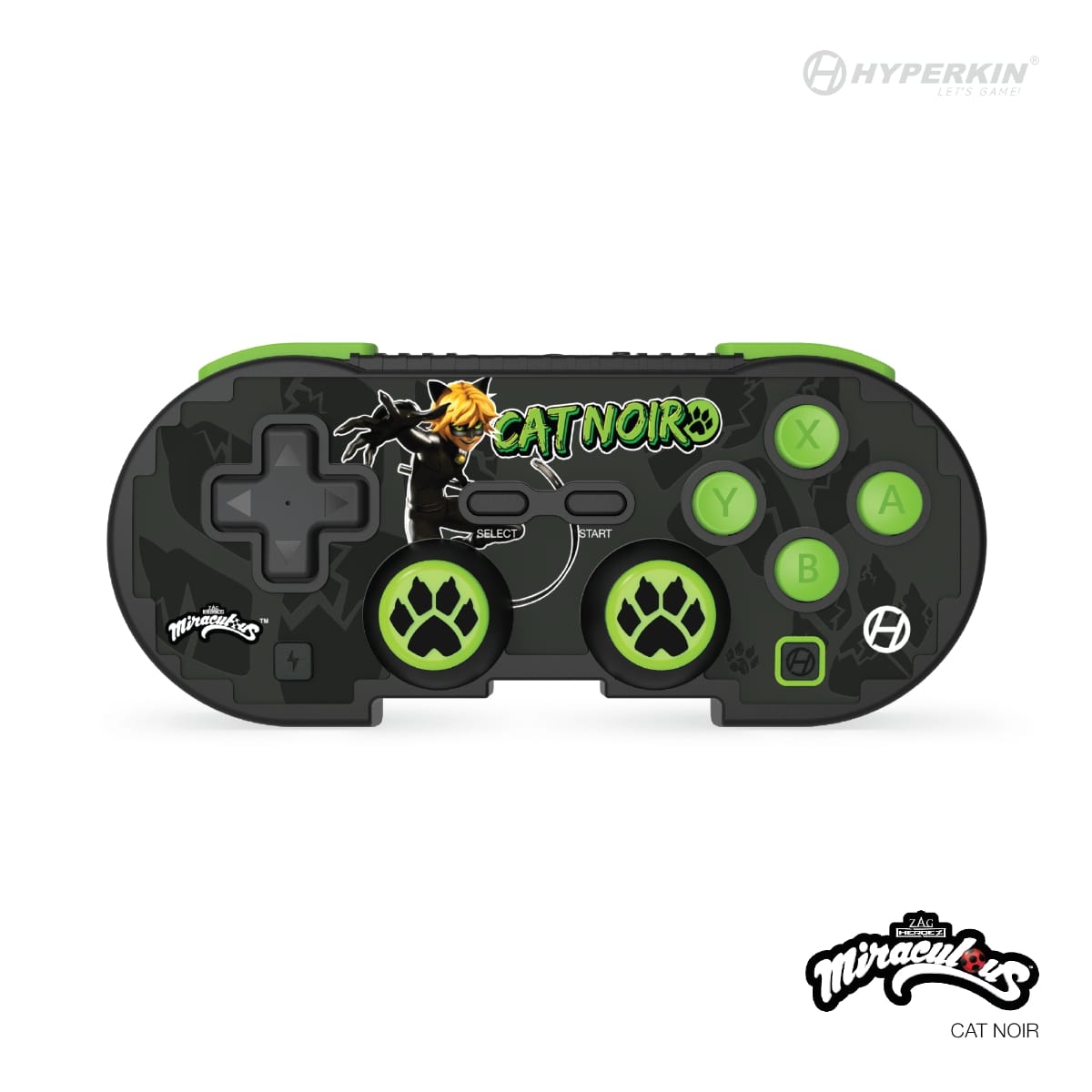 A colorful game controller with a design featuring Ladybug and Cat Noir characters from the 'Pixel Art' series.