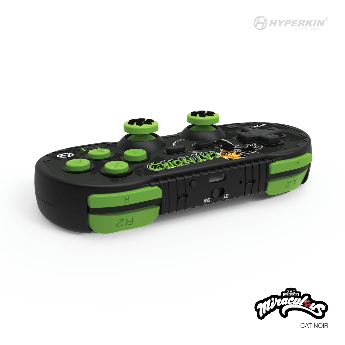 Hyperkin Miraculous Cat Noir themed game controller with green buttons and accents, dual analog sticks, R1/R2 and L1/L2 shoulder buttons, and central BT/MS/NS mode switch; includes Hyperkin branding.